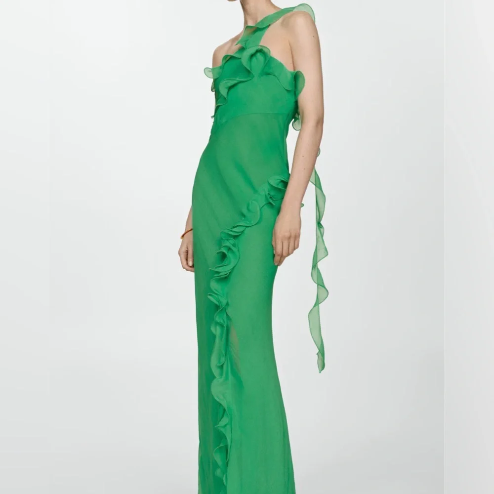 Mango Ruffled Green One-Shoulder Gown - Picture 3 of 9